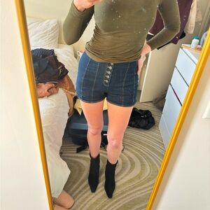 Cinq a Sept High waist denim shorts button detail.